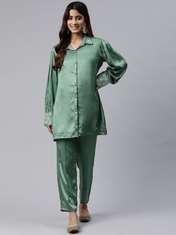 Readiprint - Women'S Green Shirt Style Silk Co-Ord (Set of 2)