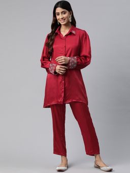 Readiprint - Women'S Maroon Shirt Style Silk Co-Ord (Set of 2)