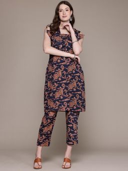 Readiprint - Women'S Navy Blue Straight Style Cotton Co-Ord with Shrug (Set of 3)