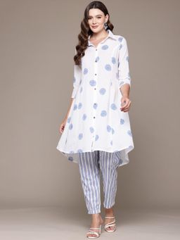 Readiprint - Women'S Blue Printed Shirt Style Kurta with Pant (Set of 2)