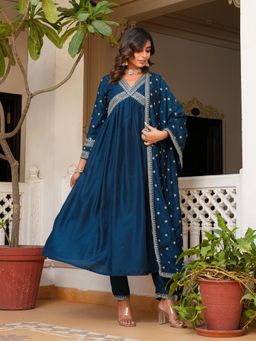 AMIRAS - Women's Teal Embroidered Anarkali Kurta with Pant and Dupatta (Set of 3)