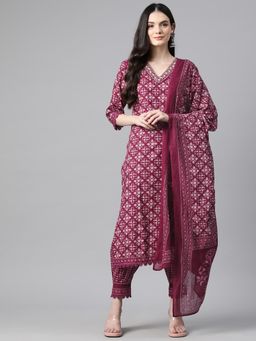 Yuris - Women'S Floral Print Kurta Highlighted V Neck with Salwar and Dupatta (Set of 3)