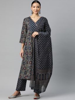 Yuris - Women'S Navy Blue Printed Anarkali Kurta V Neck Pant and Dupatta (Set of 3)