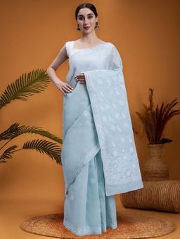 Seva Chikan - Embroidered Chikankari Grey Terivoil Cotton Saree with Unstitched Blouse with Unstitched
