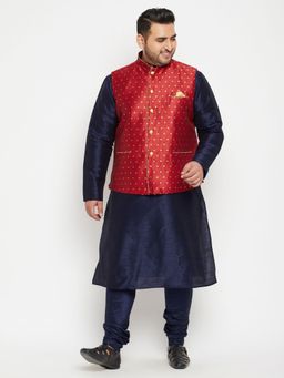 Vastramay - Men Navy Blue Silk Blend Jacket Kurta Churidar