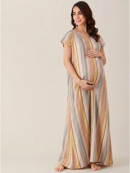 The Kaftan Company - Multi-Color Striped Viscose Maternity Nightdress With Pockets