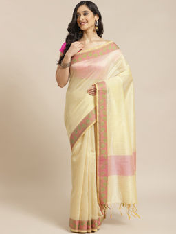 Indethnic - Banarasi Cream Woven Design Work Wear Saree With Unstitched Blouse