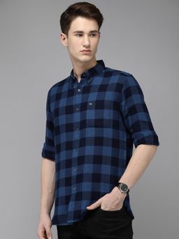 The Bear House - Men Navy Blue Slim Fit Checked Flannel Cotton Casual Shirt