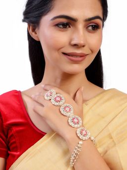 Accessher - Gold Plated Kundan Enamel Pearl Studded Bracelet with Adjustable Finger Ring