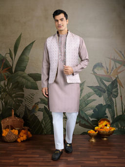 Odette - Levender Silk Blend Embellished Kurta with Jacket for Men (Set of 2)