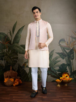 Odette - Ivory Silk Blend Embellished Kurta with Jacket for Men (Set of 2)