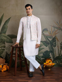 Odette - White Silk Blend Embellished Kurta with Jacket for Men (Set of 2)