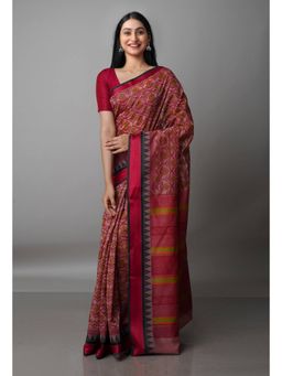 Unnati Silks - Pastel Dark Pink Block Printed Sico Saree with Unstitched Blouse