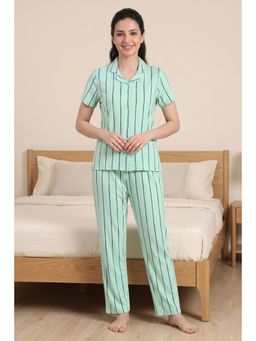 Zivame - Women's Thin Stripes Knit Cotton Shirt & Pyjama - Cabbage