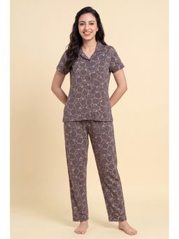 Zivame - Women's Apple Print Knit Cotton Shirt & Pyjama - Brown