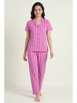 Zivame - Women's Thin Stripes Knit Cotton Shirt & Pyjama - Spring Crocus