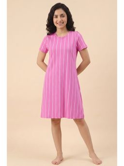 Zivame - Women's Thin Stripes Knit Cotton Knee Length Nightdress - Spring Crocus