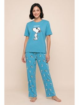 Zivame - Women's Peanuts Knit Cotton T-Shirt & Pyjama - Bachelor Button