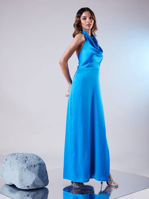 electric blue halter neck dress Buy Twenty Dresses by Nykaa Fashion Cowl Side Slit Gown Online Size Medium BANDAGE-TOP Floral Jacquard Ankle Length Color:Peach Coral