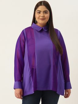 theRebelinme - Plus Size Womens Purple Solid Color Georgette Shirt Collar Longline Top
