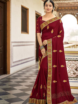 Odette - Maroon Vichitra Embroidered Saree with Unstitched Blouse