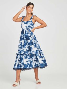 Styli - Blue Tie Sleeves Square Neck Tie Dye Print A-line Midi Dress
