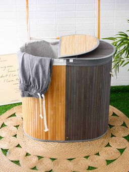 Savya Home - 2 Section Bamboo Basket, Grey & Brown