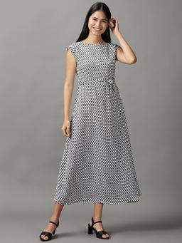 SHOWOFF - Womens Boat Neck Midi White Printed Dress (Set of 2)