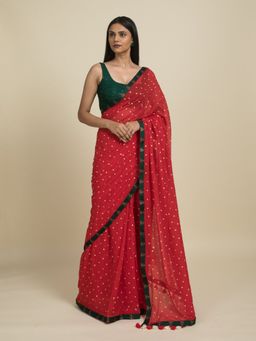 Suta - Red Mul Cotton Green Border Saree