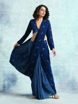trueBrowns - Blue Embroidered Velvet Pre-Stitched Saree without Blouse