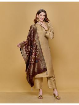 Safaa - Womens Beige Acro Wool Woven Unstitched Suit and Dupatta (Set of 3)