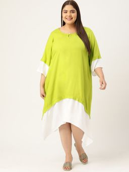 theRebelinme - Plus Size Women Green & White Color Block Asymmetric Dress
