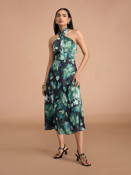 RSVP by Nykaa Fashion - Green Halter Neck Fit and Flare Midi Dress