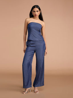 RSVP by Nykaa Fashion - Dark Blue Embellished Tube Top And High Waist Pant Co-Ord Set
