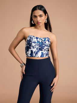 RSVP by Nykaa Fashion - Blue Floral Jacquard Panelled Tube Crop Top
