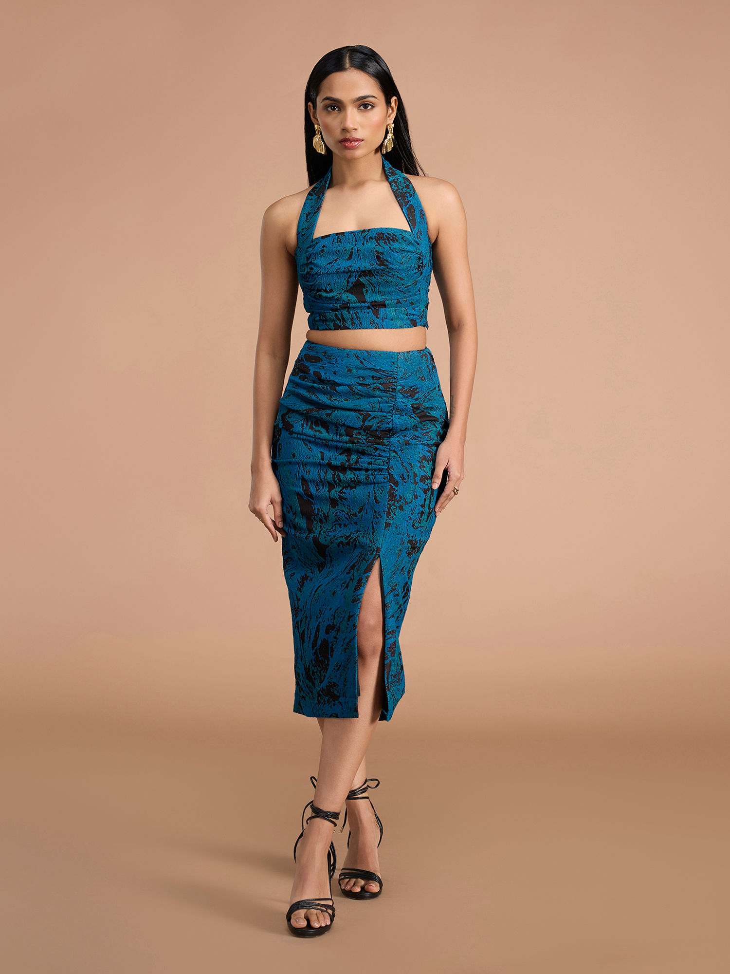 Teal Jacquard Halter Neck Top and Midi Skirt-picture-20