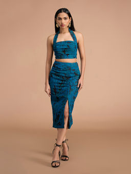 RSVP by Nykaa Fashion - Teal Jacquard Halter Neck Top and Midi Skirt