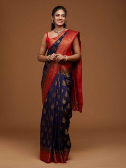 Koskii - Navy Blue Woven Art Silk Saree with Unstitched Blouse