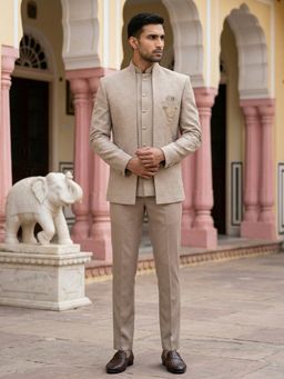 Jompers - Beige Premium Embroidered Indo-Western Sherwani with Inner Jacket and Pant