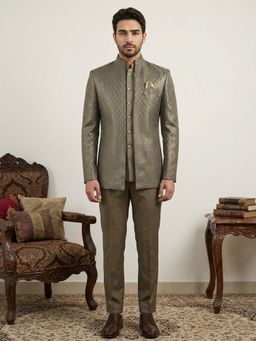 Jompers - Brown Cotton Blend Textured Indo-Western Sherwani with Inner Jacket and Pant