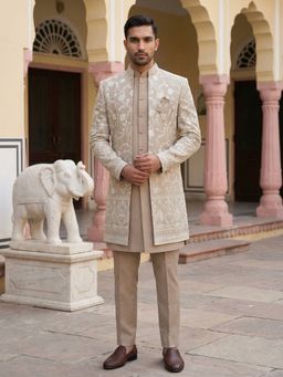 Jompers - Brown Japanese Embroidered Indo-Western Sherwani with Kurta and Pant