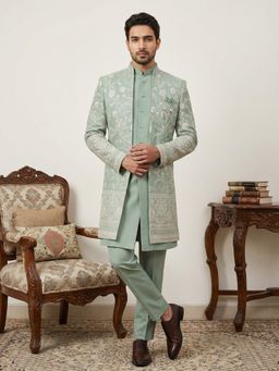 Jompers - Green Japanese Embroidered Indo-Western Sherwani with Kurta and Pant