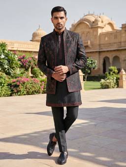 Jompers - Black Embroidered Cotton Blend Indo-Western Sherwani with Kurta and Pant