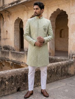 Jompers - Green Embroidered Cotton Blend Indo-Western Sherwani with Pyjama