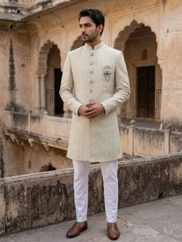 Jompers - Cream Embroidered Cotton Blend Indo-Western Sherwani with Pyjama