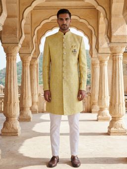 Jompers - Yellow Embroidered Cotton Blend Indo-Western Sherwani with Pyjama