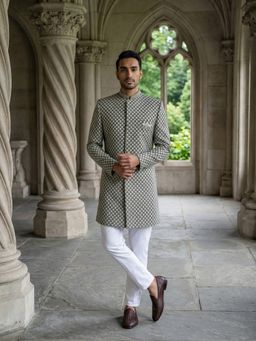 Jompers - Olive Embroidered Cotton Blend Indo-Western Sherwani with Pyjama