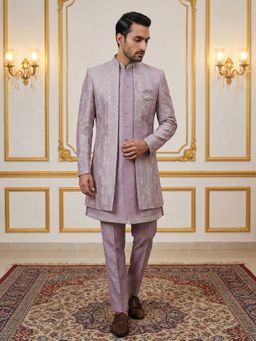 Jompers - Lavender Embroidered Cotton Blend Indo-Western Sherwani with Kurta and Pant