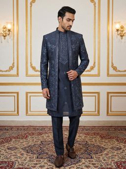 Jompers - Navy Blue Embroidered Cotton Blend Indo-Western Sherwani with Kurta and Pant