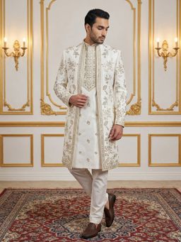 Jompers - Off White Embroidered Cotton Blend Indo-Western Sherwani with Kurta and Pant